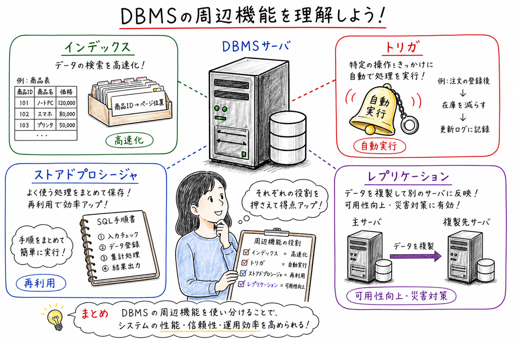 インデックス、ストアドプロシージャ、トリガ、レプリケーションの役割差を具体物で示す図解