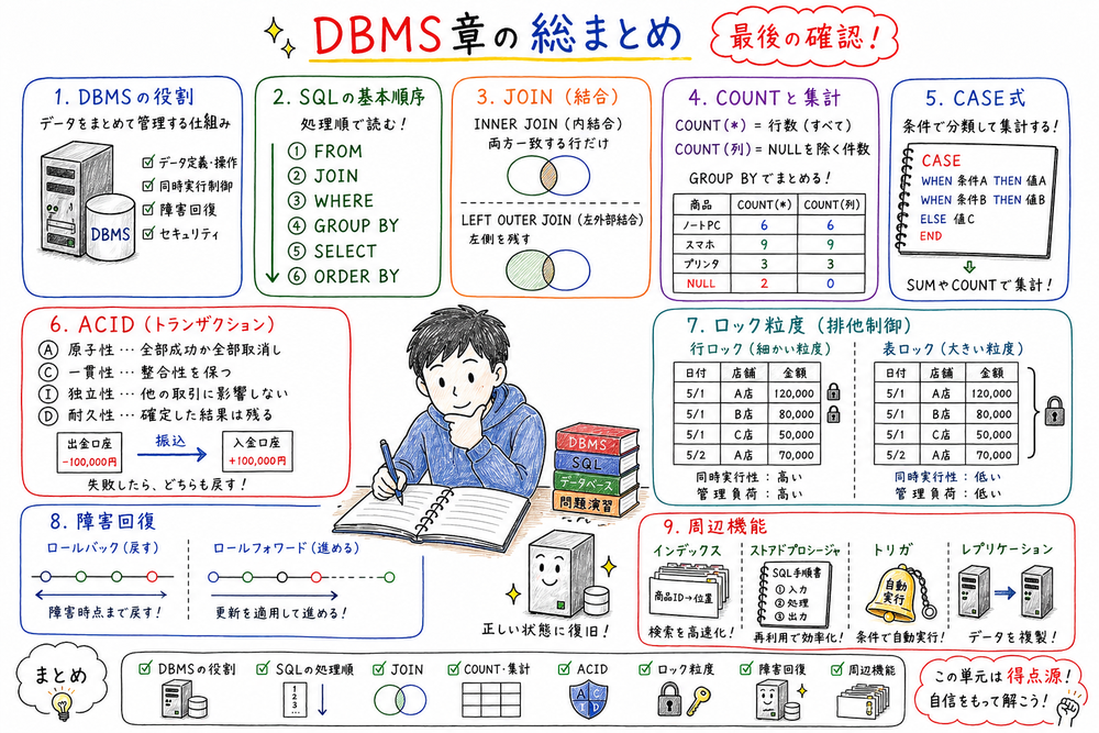 DBMS、SQL、結合、集計、ACID、排他制御、障害回復、周辺機能の総まとめを一覧化する図解