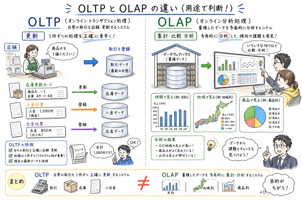 日常業務の更新処理であるOLTPと、多面的な分析処理であるOLAPの違いを対比した図解