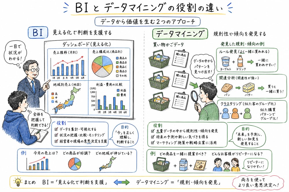 ダッシュボードで可視化するBIと、規則性や傾向を見つけるデータマイニングの役割を対比した図解