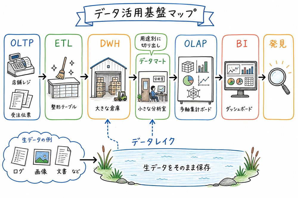 業務システムからETL、データウェアハウス、データマート、データレイク、OLAP、BI、データマイニングへ至る流れを整理した図解