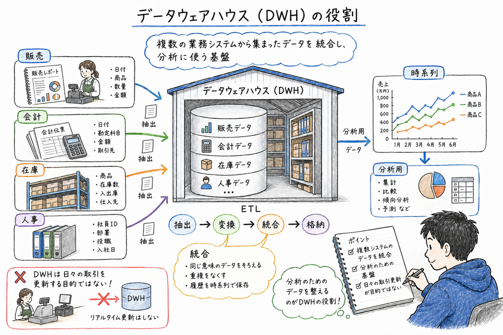 販売、会計、在庫、人事のデータを集約し、分析用に蓄積するデータウェアハウスの役割を示した図解