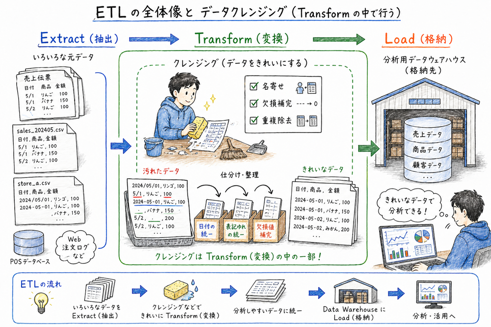 抽出、変換、格納の流れと、その中で行うデータクレンジングの位置づけを示した図解