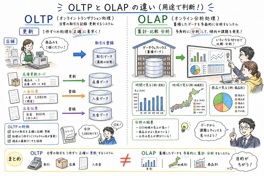 日常業務の更新処理であるOLTPと、多面的な分析処理であるOLAPの違いを対比した図解