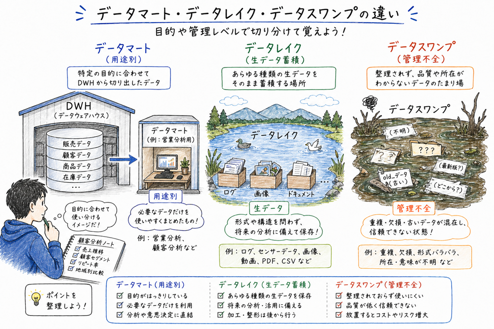 用途別に切り出すデータマートと、多様な生データをためるデータレイク、管理不全のデータスワンプを対比した図解