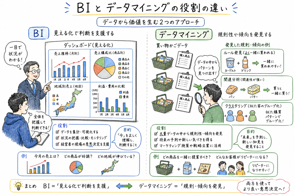 ダッシュボードで可視化するBIと、規則性や傾向を見つけるデータマイニングの役割を対比した図解