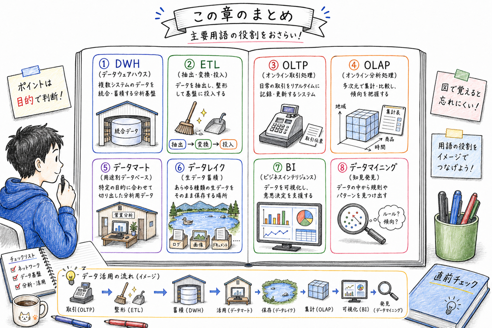 データウェアハウス、ETL、OLTP、OLAP、データマート、データレイク、BI、データマイニングの要点を復習できるまとめ図解