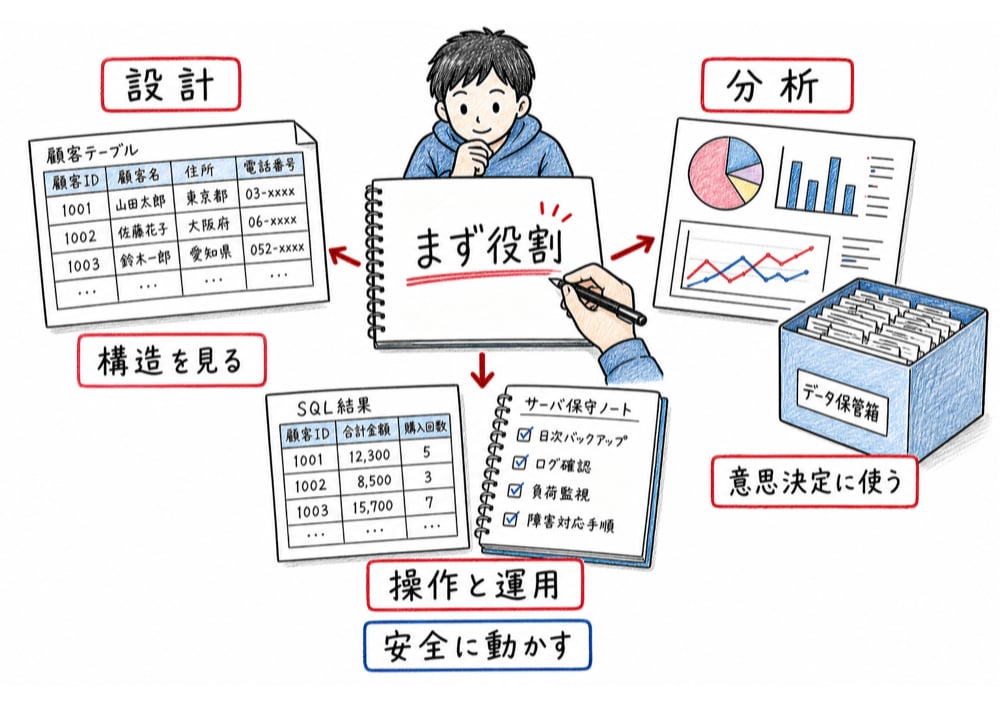 設計、操作と運用、分析の3方向へデータベース用語を振り分ける見取り図