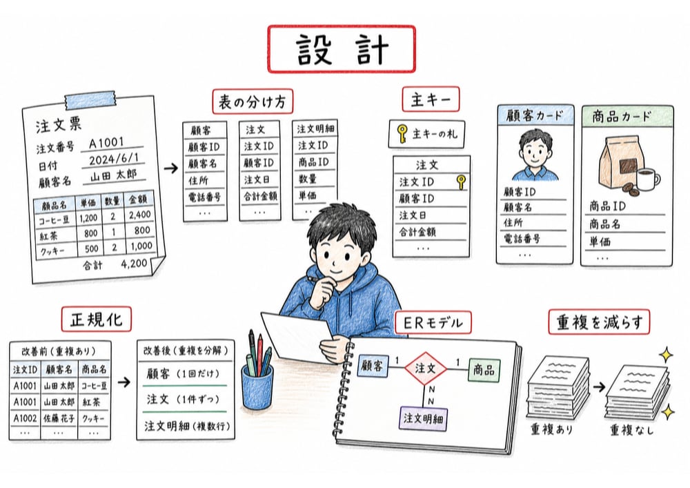 表構造、主キー、正規化、ERモデルを設計論点として整理する図解