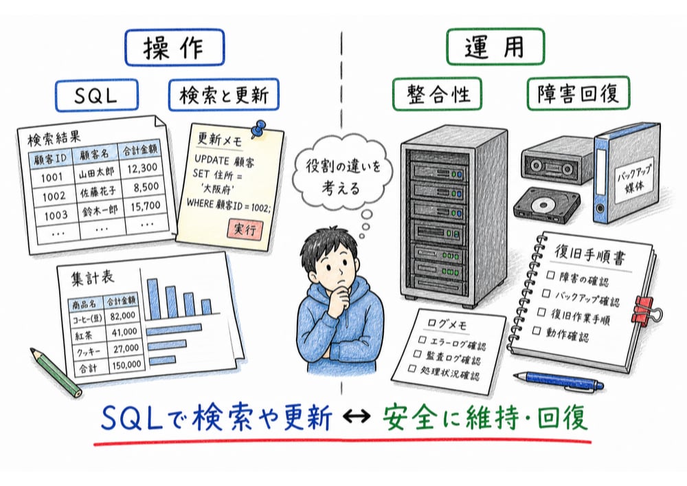 SQLによる操作とトランザクション管理や障害回復を運用論点として分ける図解