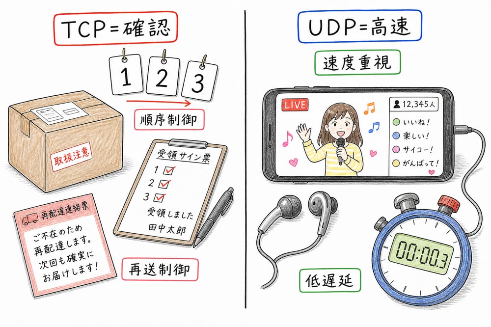 TCPとUDPの違いを配送とライブ配信で対比した図解