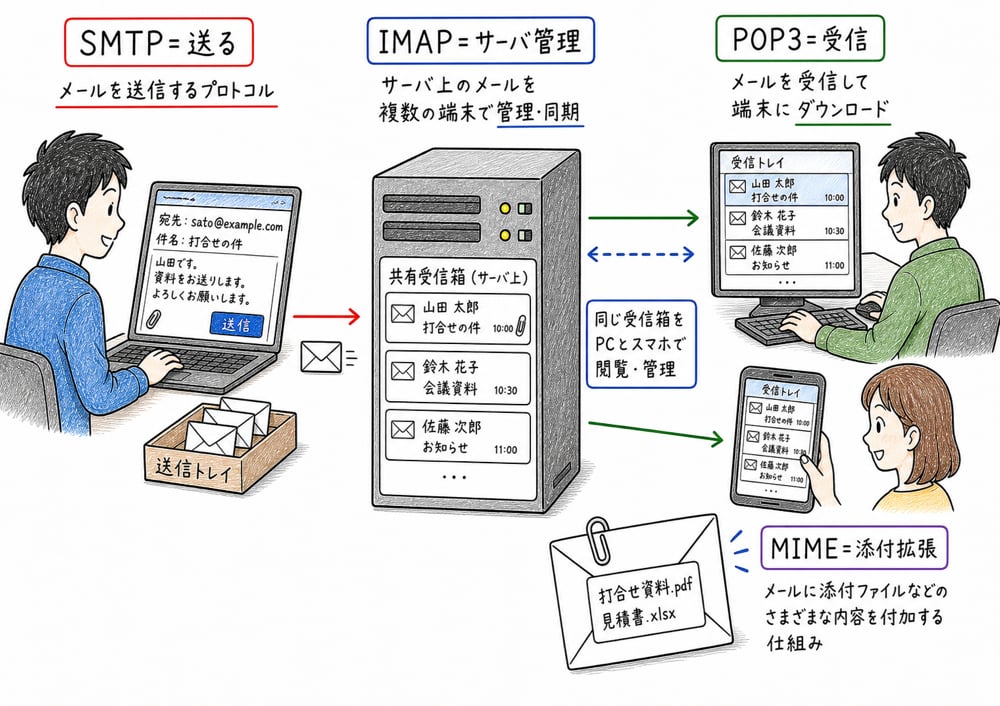 メール系プロトコルの送信、受信、拡張の違いを示す図解