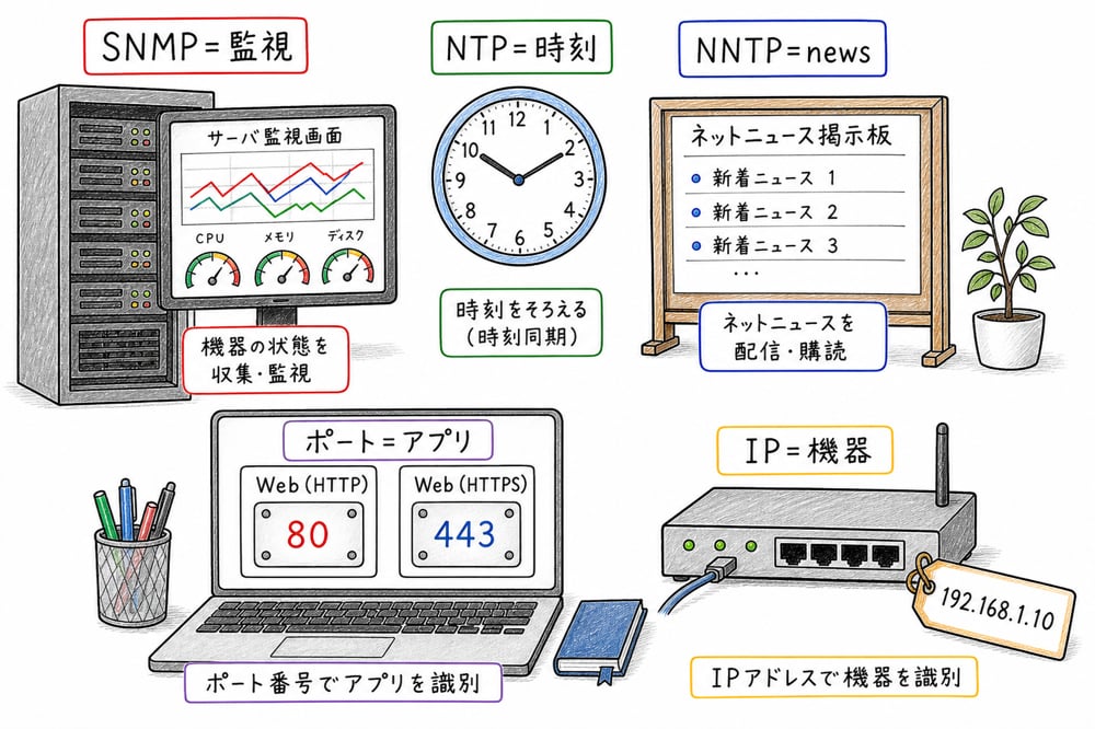SNMP、NTP、NNTPとポート番号の識別対象を整理した図解