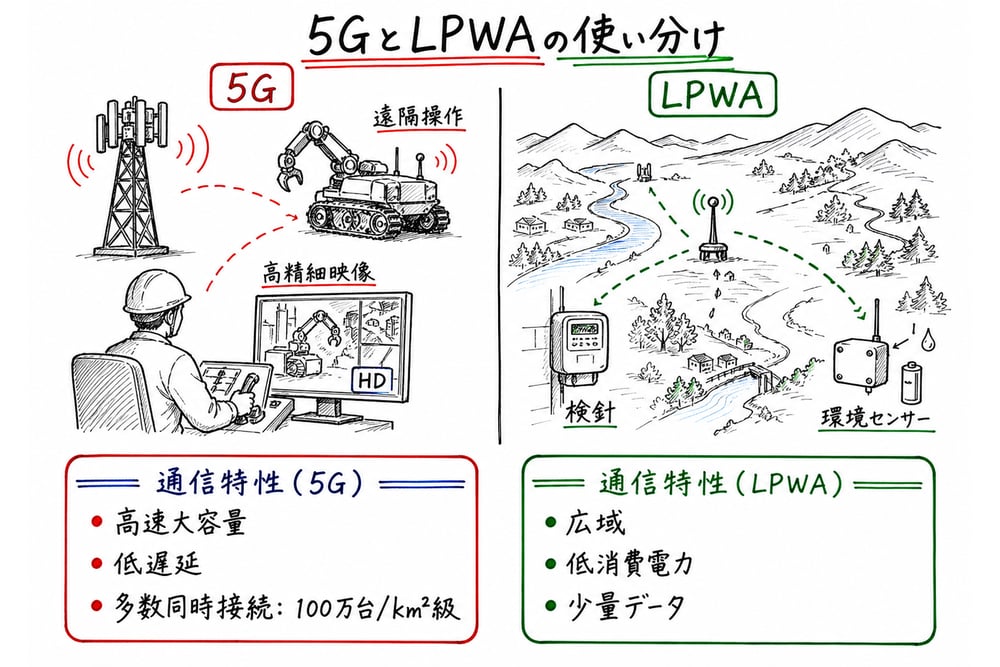 5G と LPWA を通信特性と用途の違いで見分ける図解