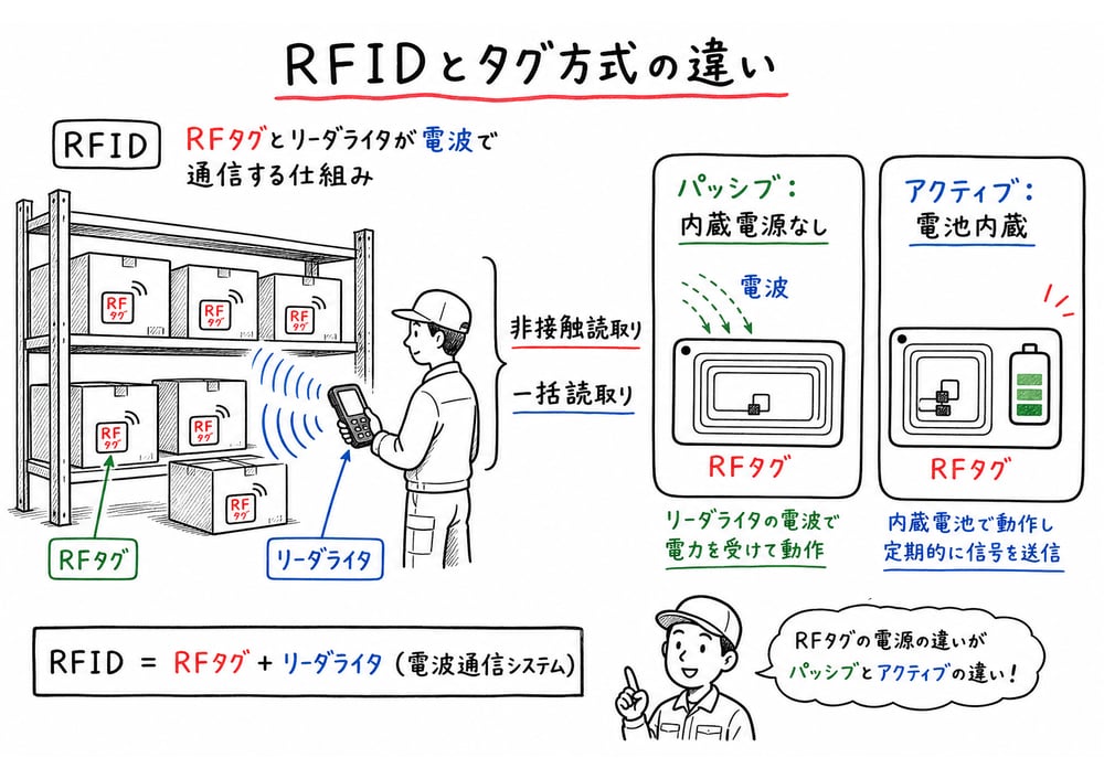 RFID の電波読取りとバーコードの光学読取り、タグ電源方式の違いを示す図解