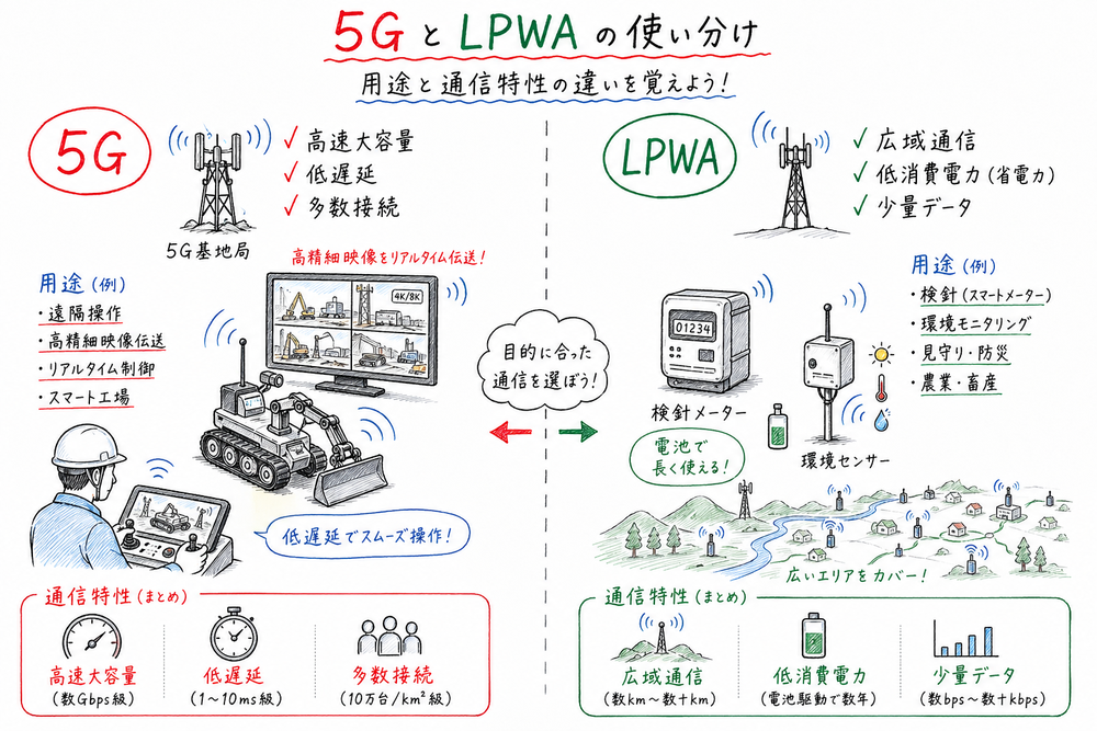 5G と LPWA を通信特性と用途の違いで見分ける図解