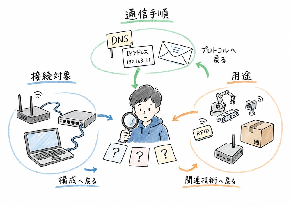 未見のネットワーク用語を接続対象、通信手順、用途で分類して戻り先を決める図解
