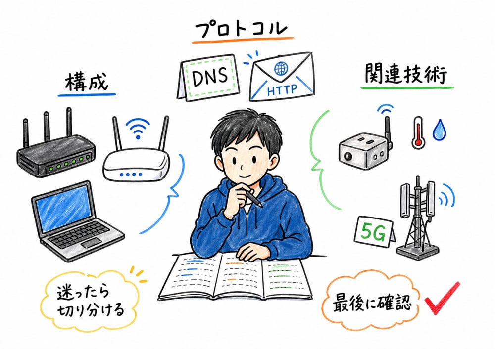 通信ネットワーク章で迷ったときに構成、プロトコル、関連技術のどれかへ切り分ける最終確認の図解