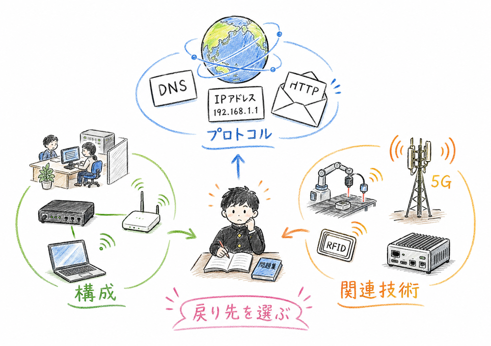 通信ネットワーク章の戻り先を、構成・プロトコル・関連技術の3つで見分ける図解