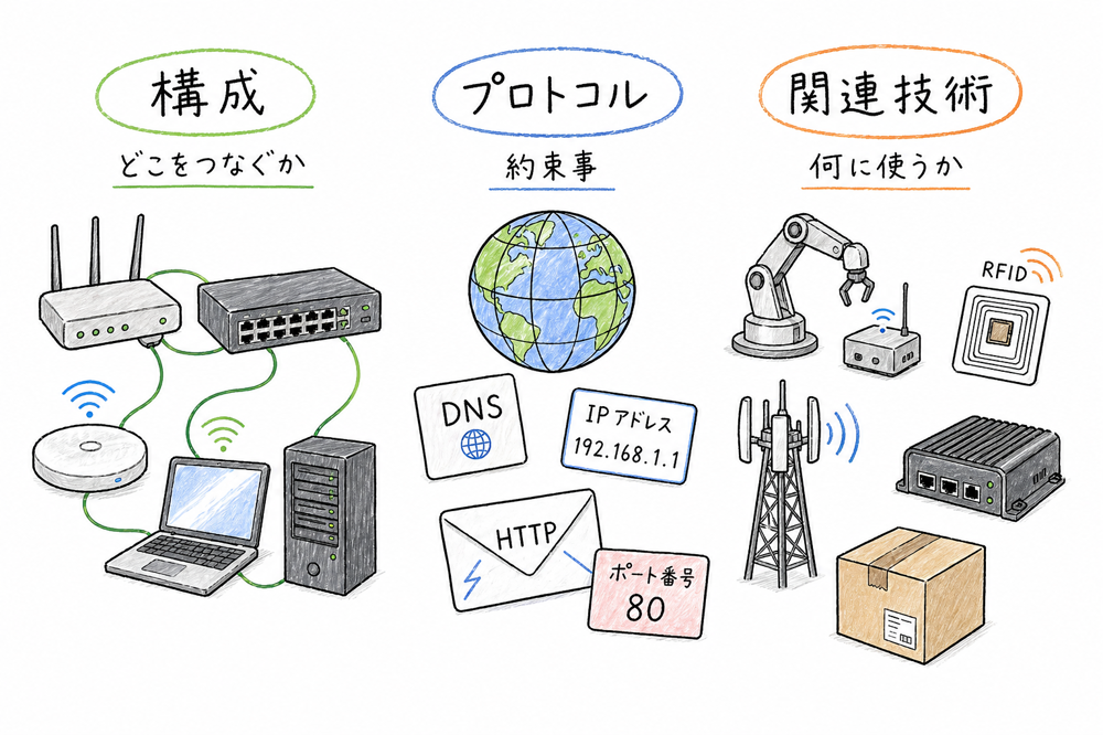 通信ネットワーク章を構成、プロトコル、関連技術の3分類で整理する図解