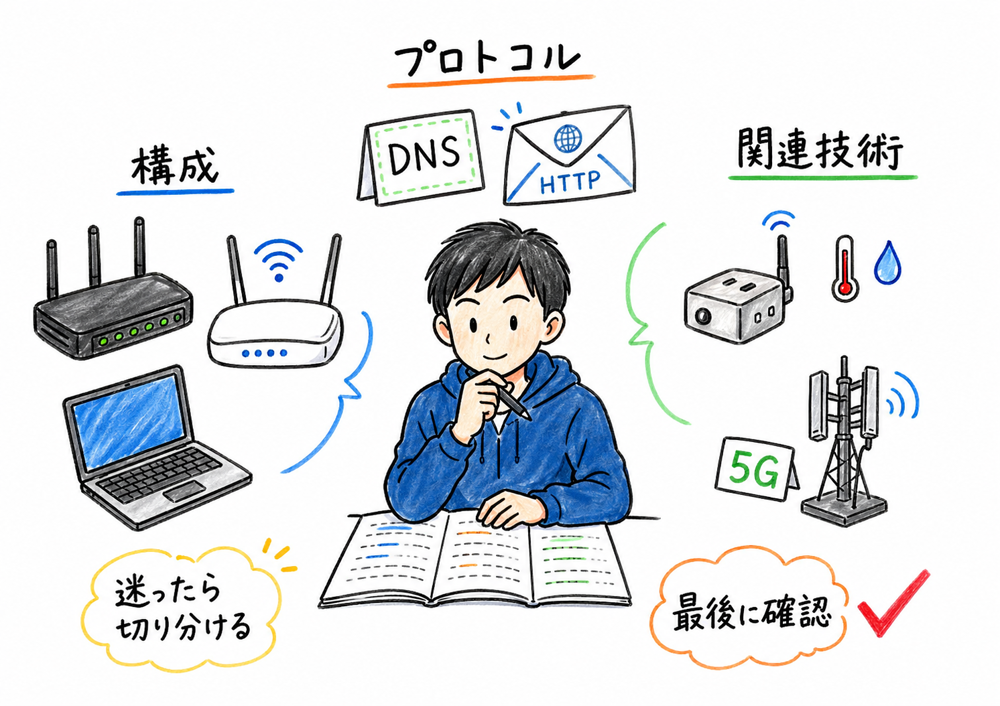 通信ネットワーク章で迷ったときに構成、プロトコル、関連技術のどれかへ切り分ける最終確認の図解
