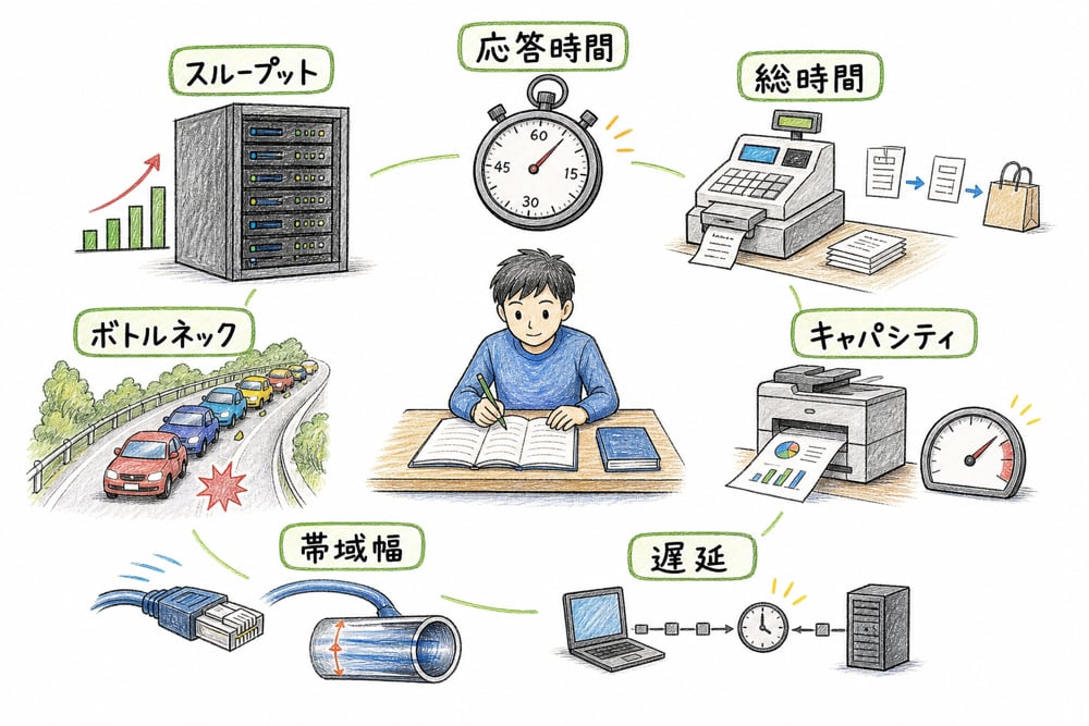 システム性能の代表指標を処理量、待ち時間、ネットワーク、ボトルネックの場面で整理した図解