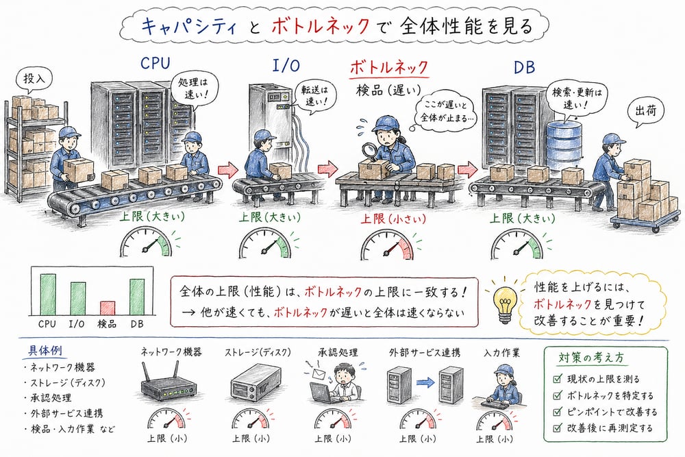 工場とサーバーの流れの中で、一番遅い箇所が全体性能を制限する様子を示す図解