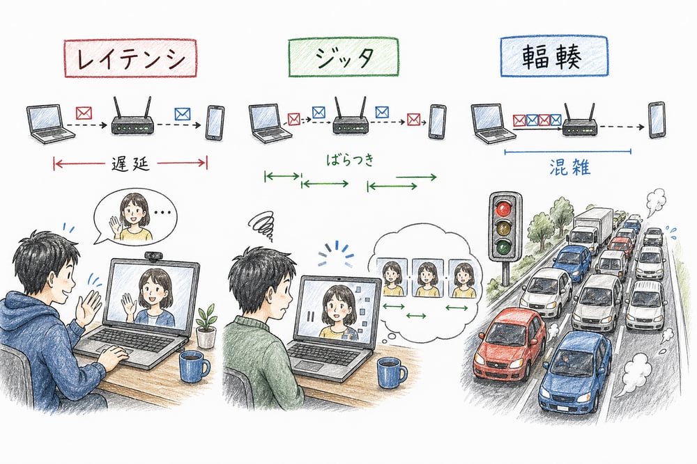 遅延、ばらつき、混雑をビデオ通話とネットワーク経路の場面で整理した図解