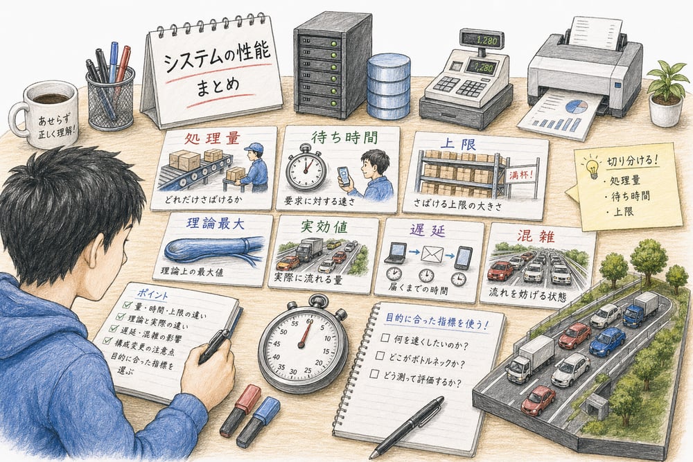 システム性能の判断軸を処理量、時間、上限、ネットワーク品質、構成変更の注意点で総復習する図解