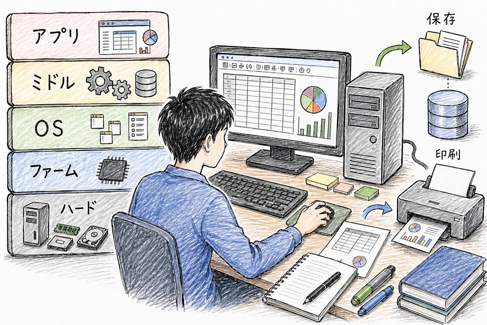 システム性能の代表指標を処理量、待ち時間、ネットワーク、ボトルネックの場面で整理した図解