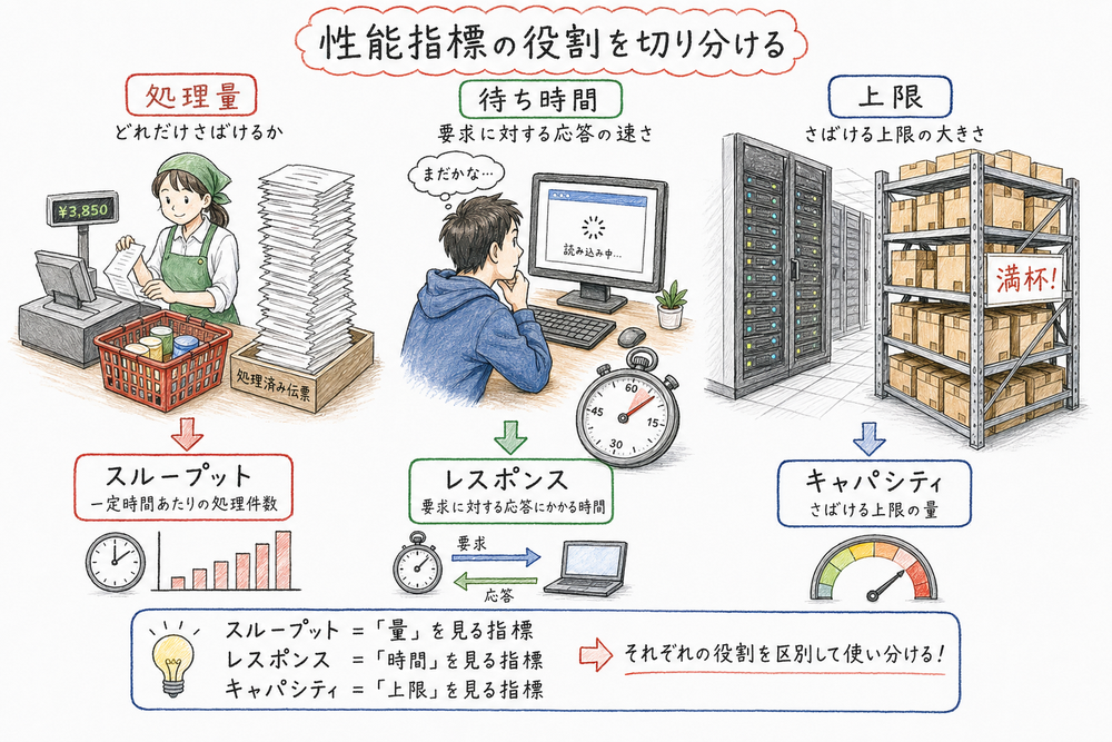 処理量、待ち時間、処理上限の3観点で性能指標を切り分ける図解