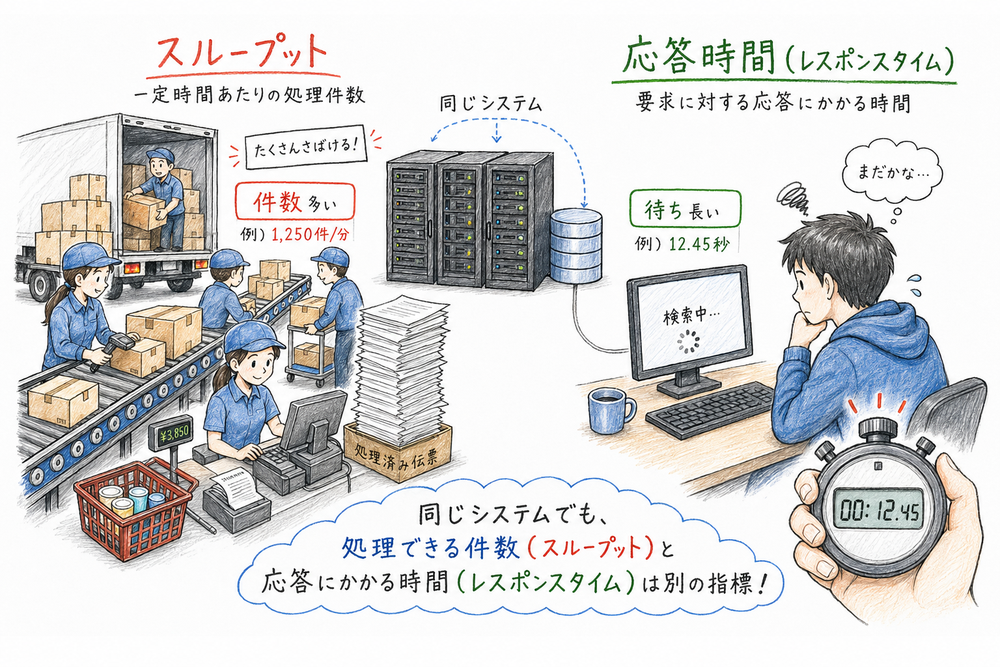大量処理の場面と利用者の待ち時間の場面を並べて、スループットとレスポンスタイムの違いを示す図解
