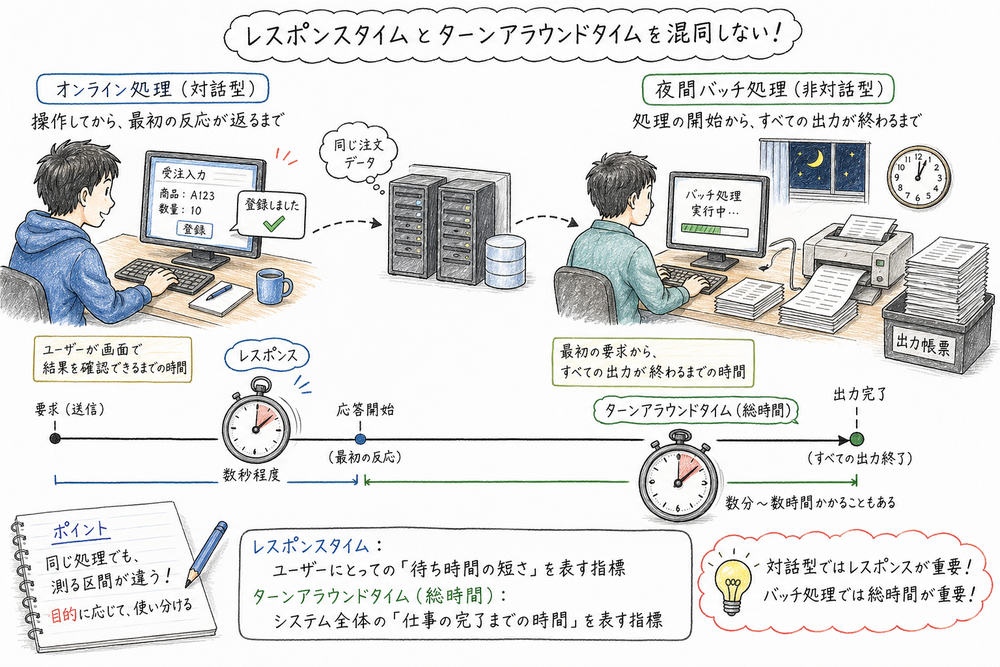 オンライン応答の開始とバッチ処理の出力完了を対比して、レスポンスタイムとターンアラウンドタイムの違いを示す図解