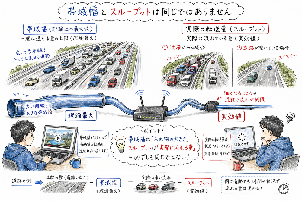 広い通信路の理論上の容量と実際に流れたデータ量の違いを道路と通信機器で示す図解