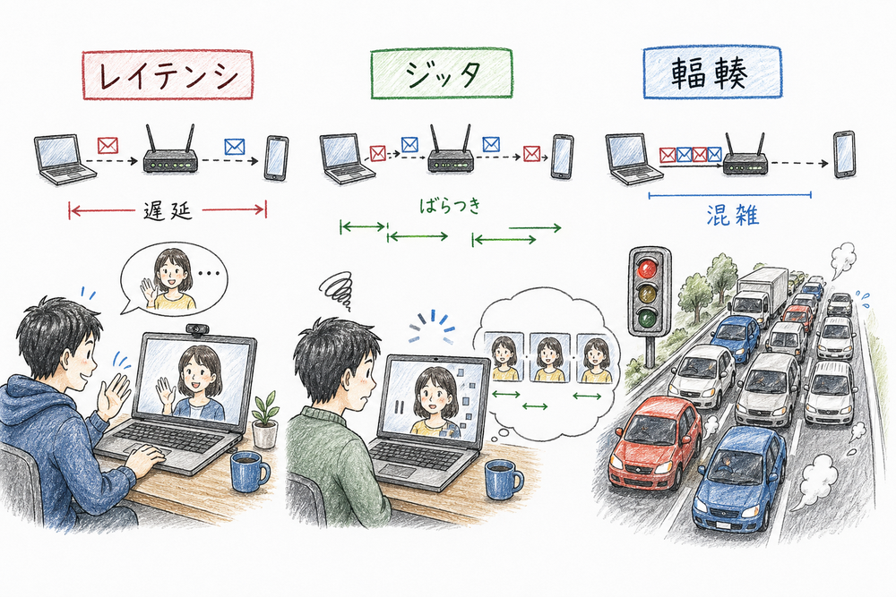 遅延、ばらつき、混雑をビデオ通話とネットワーク経路の場面で整理した図解