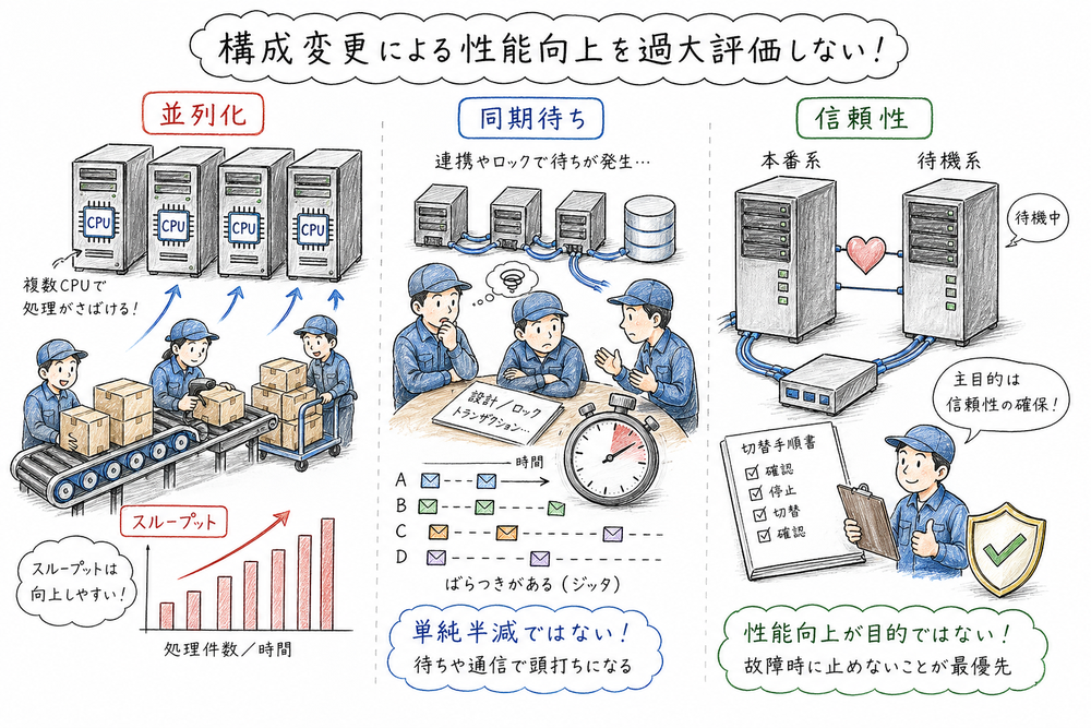 並列化で処理量が増えても同期や待機があるため、構成変更の効果を単純化できないことを示す図解