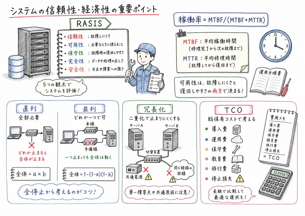 RASIS、稼働率、直列並列、冗長化、TCOを一枚でつなげて思い出す図解