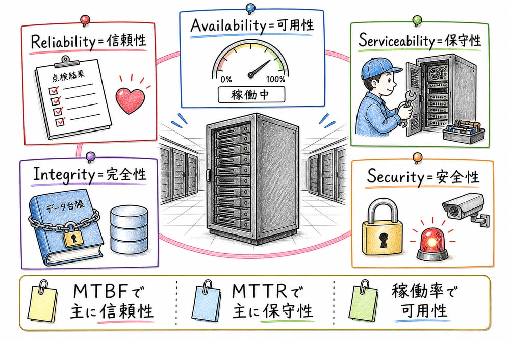 RASISの5観点と、MTBF・MTTR・稼働率で見える範囲を区別する図解