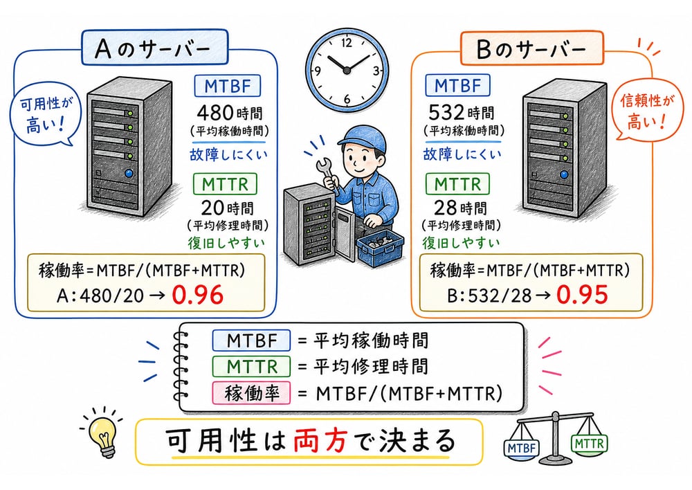 MTBF、MTTR、稼働率の違いを数値と場面で比べる図解
