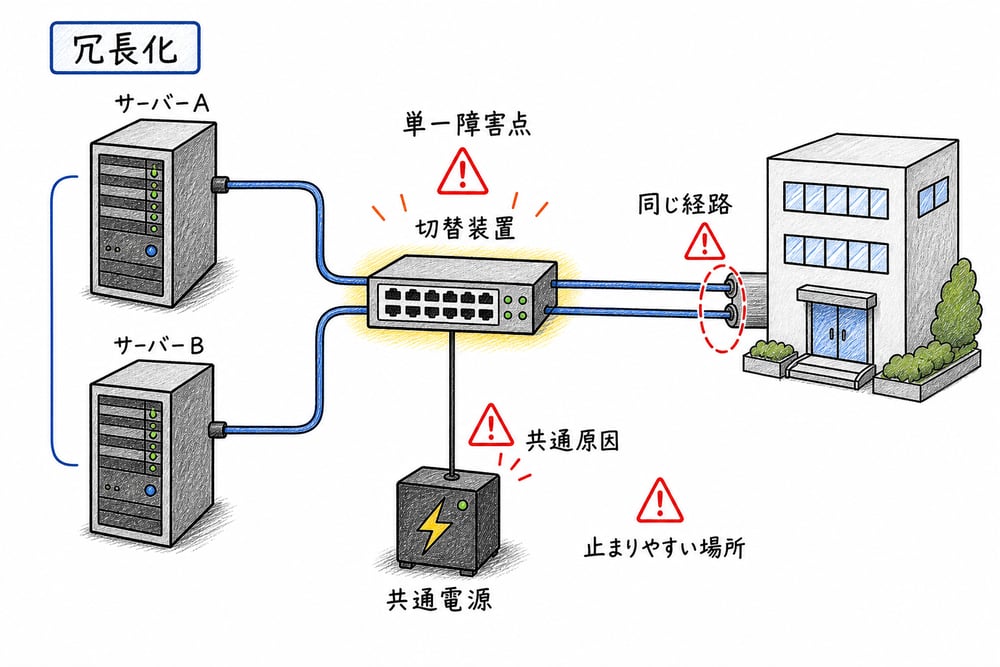 冗長化しても切替装置や共通原因が残ると危ないことを示す図解