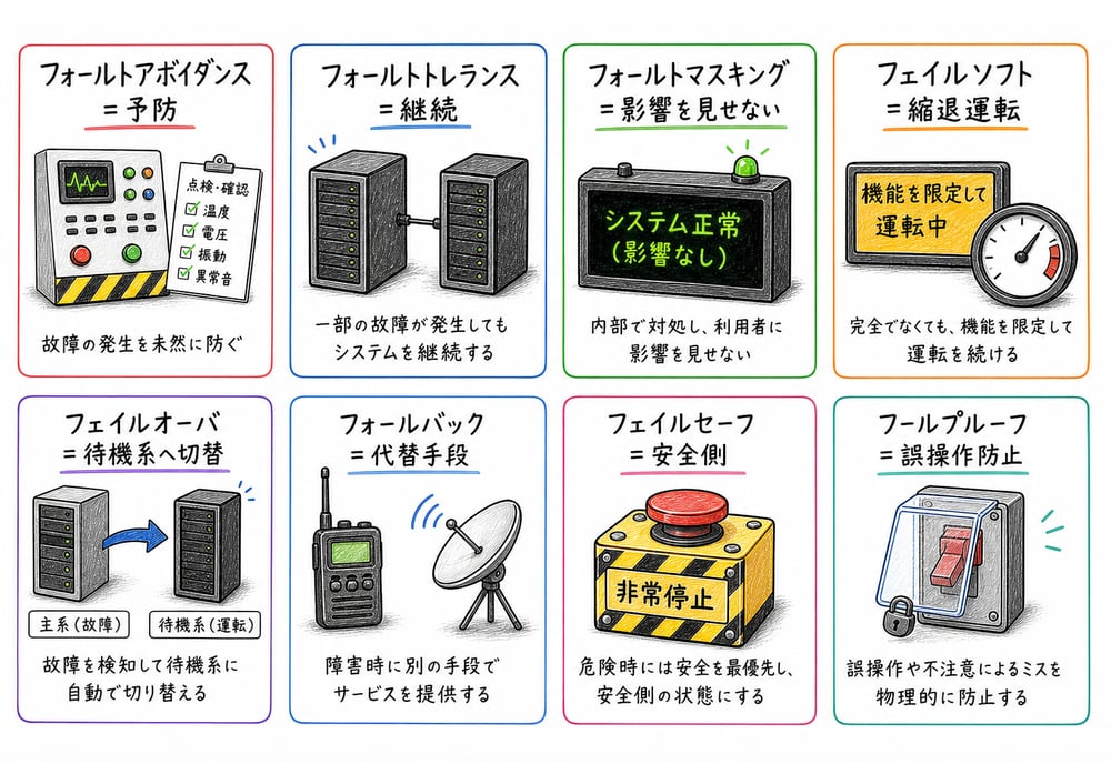 予防、継続、切替、安全、誤操作防止で用語を切り分ける図解