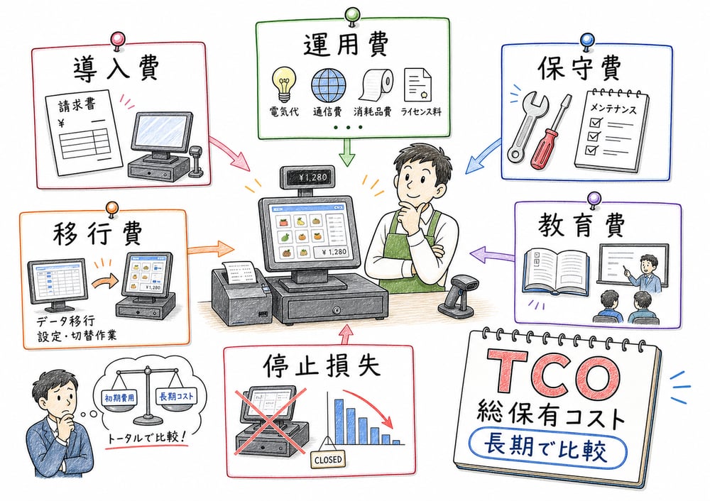 導入費だけでなく運用費、保守費、教育費、停止損失まで含めて考える図解