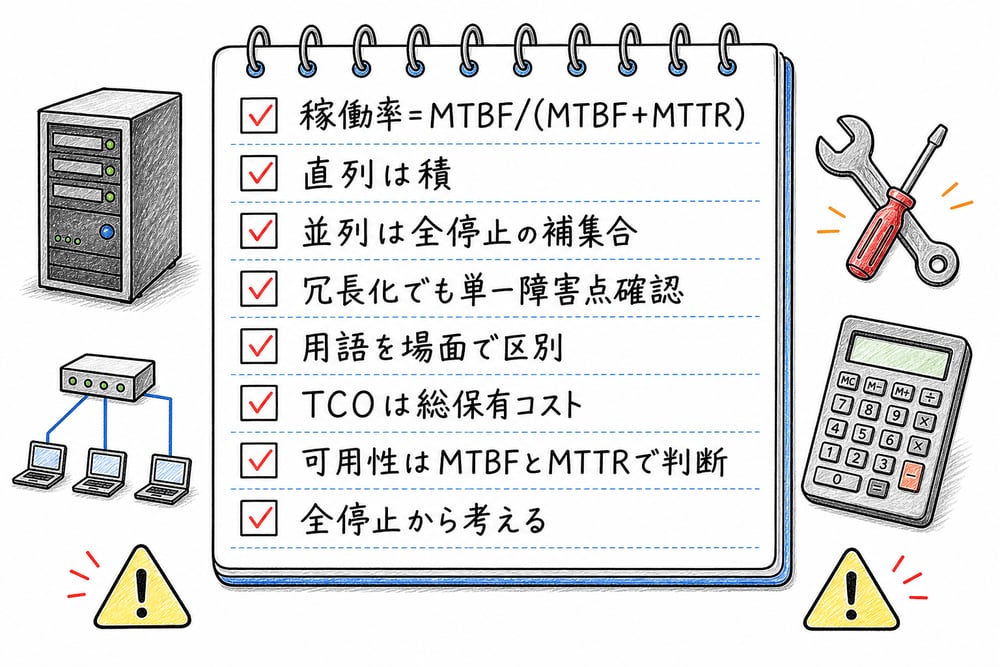 稼働率、構成図、冗長化、用語整理、TCOの最終確認ポイントをまとめた図解