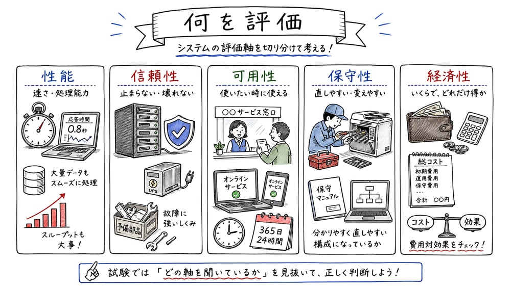性能、信頼性、可用性、保守性、経済性を具体物で見分ける評価軸の図解