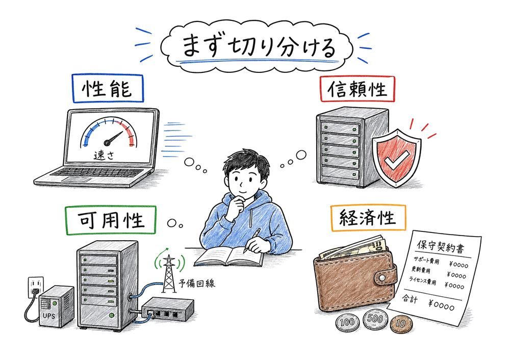 性能、信頼性、可用性、経済性をまず切り分けるシステム評価の導入図解