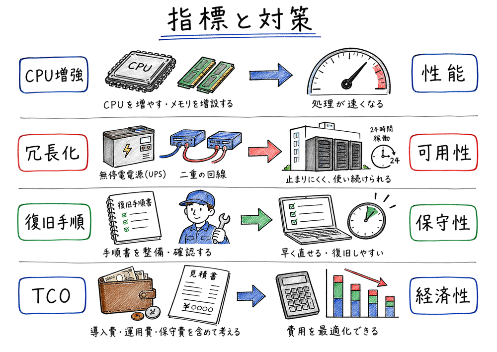 CPU増強、冗長化、復旧手順、TCO確認を対応する評価軸へ結びつける図解