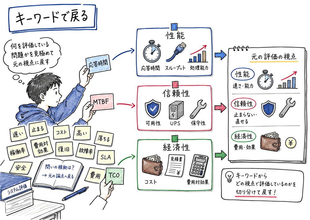 応答時間、MTBF、TCOなどのキーワードから元の評価論点へ戻る判断を示す図解