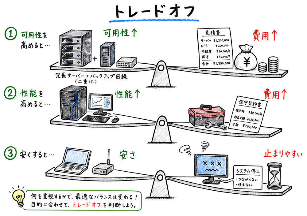 可用性や性能を高めるほど費用が増え、安さを優先すると停止しやすくなるトレードオフ図解