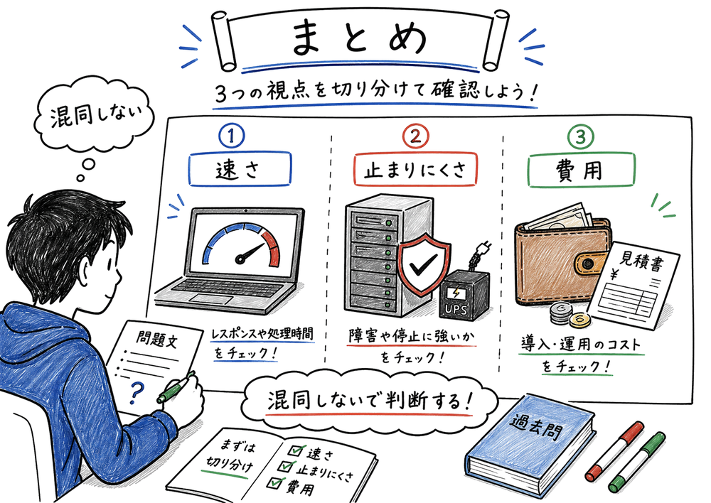 速さ、止まりにくさ、費用の3視点を混同せず確認する章末まとめ図解