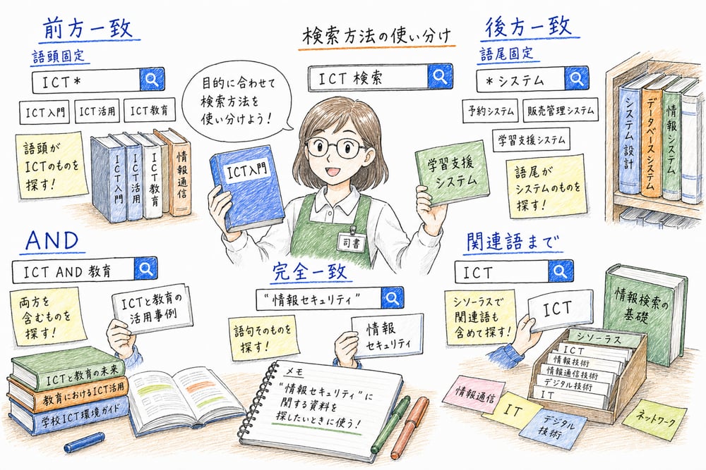 前方一致、後方一致、AND検索、完全一致、シソーラス検索の違いを検索場面で示した図解